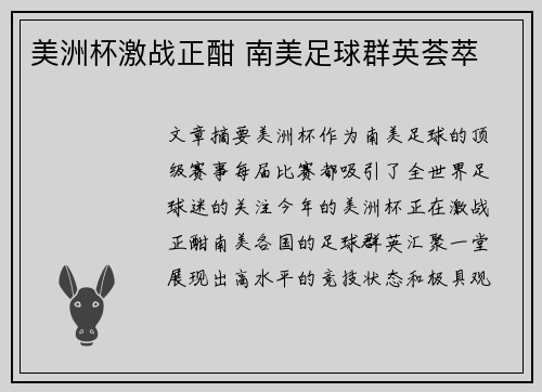 美洲杯激战正酣 南美足球群英荟萃