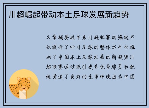 川超崛起带动本土足球发展新趋势